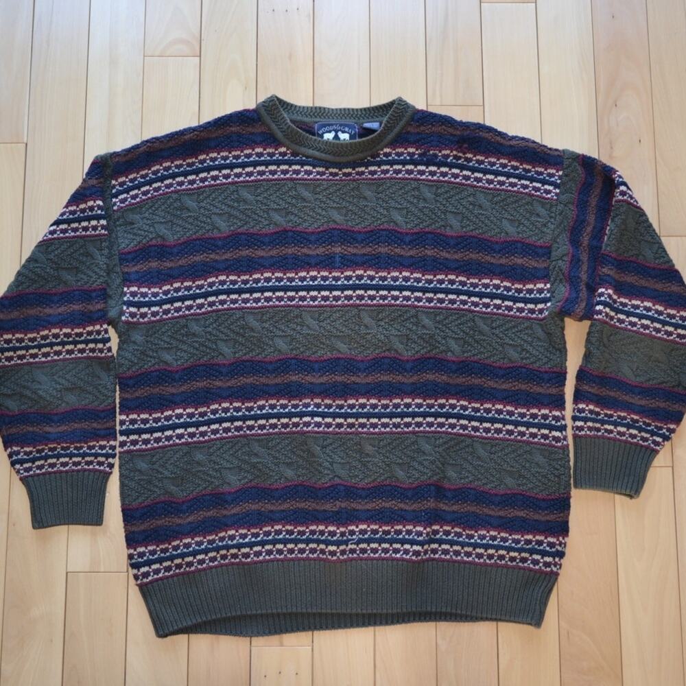 Vintage Woods & Gray Crewneck Sweater Striped Size Large